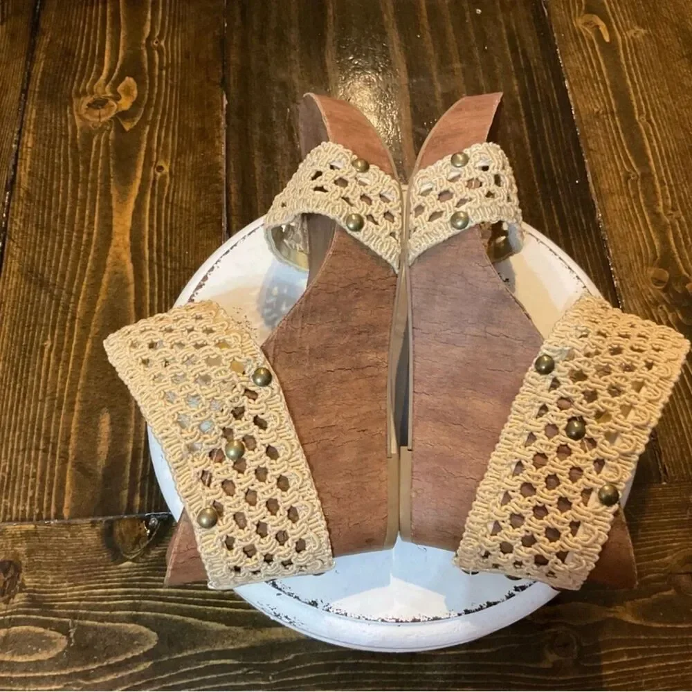 C Est 1946 8M Crochet Wedge Sandals Cream Brown Boho Macrame Studded